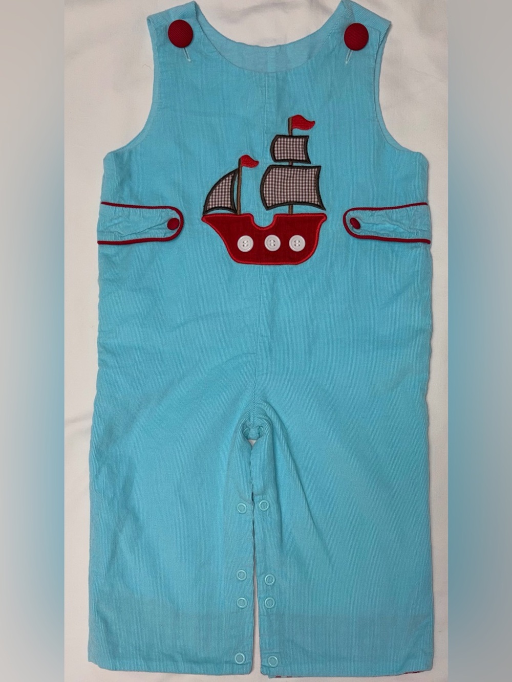 Shrimp ‘N Grits kids corduroy overalls with pirate ship applique 12 months EUC